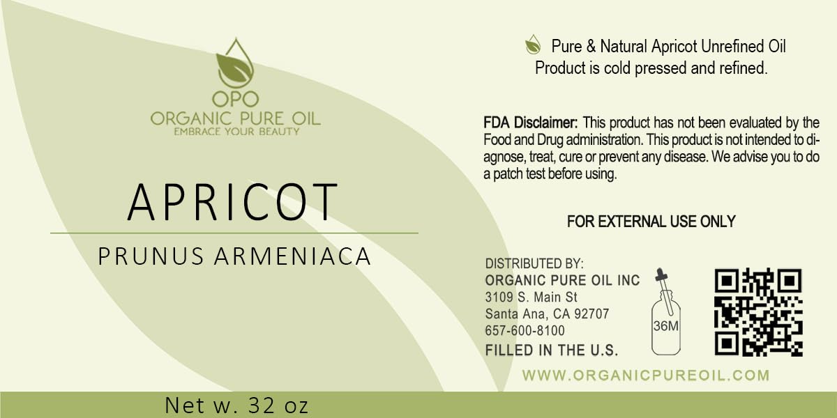 OPO Apricot Kernel Oil - Pure, Cold Pressed, Unrefined, Raw - Bitter Scent Kernal - Perfect for Massage, Skin, Hair & Body Care 32 OZ