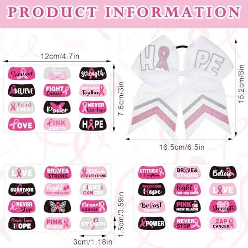 16 Pcs 8" Large Cheer Hair Bow and 15 Sheets Breast Cancer Awareness Temporary Tattoos Ribbon Stickers for Fundraising Party Teen Girls College Cheerleading Decoration(White Ribbon)