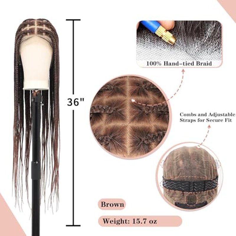 Lexqui 36" 360¡Æ HD Full Lace Large Square Knotless Braided Wigs for Women Box Braid Wig Braided Lace Front Wigs Premium Synthetic Braid Wig with Baby Hair Brown