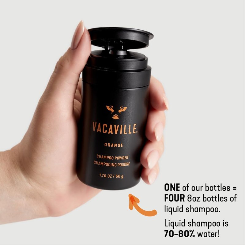 Vacaville Beauty Powder Shampoo for Hair Growth, Orange Scented | Waterless, Eco Friendly & Travel Shampoo | Natural Vegan Formula for Thinning Hair & Sensitive Scalp | Full Size