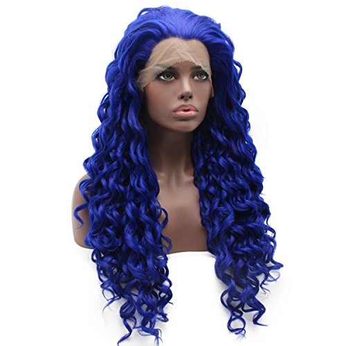 iwonawig Iewig Long Curly Blue Heat Resistant Wig Half Hand Tied Synthetic Hair Front Lace Wig
