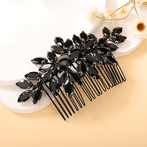 Teyglen Hair Comb, Crystal Bride Wedding Hair Comb Full Black Rhinestone Side Comb Bridal Hair Piece Accessories for Bride Women Girl (Black, 11 * 6 cm / 4.33 * 2.36 inches)