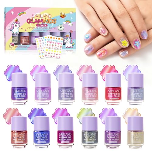 SAVILAND Glamkids Kids Nail Polish Set: Plant-Based 12 Colors Toddler Nail Polish Toxic-Free Peel-Off Kids Fingernail Polish with Nail Art Stickers Decals for Christmas Birthday Gifts Girls Ages 5-12