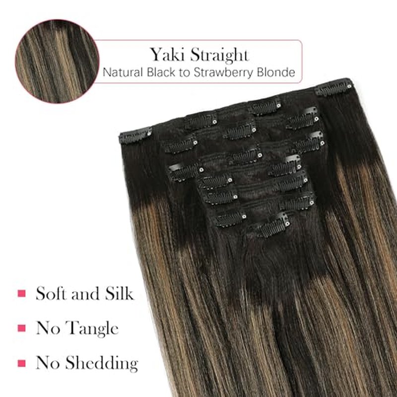 Sassina Yaki Clip in Hair Extensions Human Hair for Black Women Invisible Clip in Human Hair Extensions Natural Black to Strawberry Blonde Real Remy Human Hair 7Pcs 20Inch 120 Grams