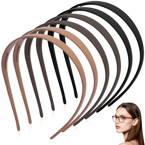 Thin Headbands for Glasses Wearers Sunglass Headband for Eyewear Non Slip 6Pcs Plain Plastic Skinny Hair Bands with Teeth for Women Girls No Pressure No Headache Neutral Brown Black