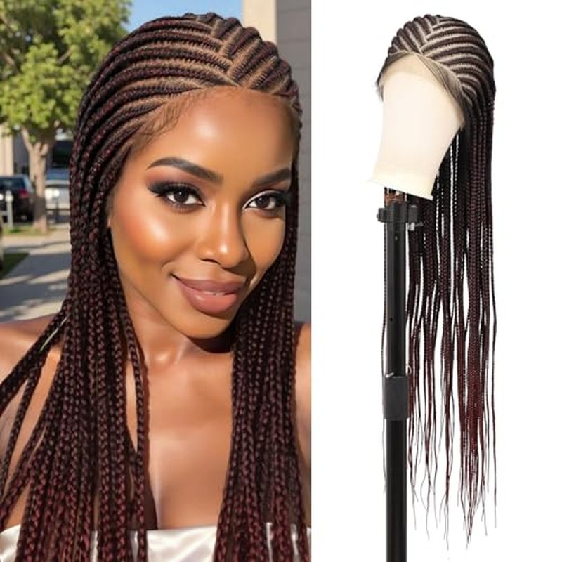 13X8 HD Lace Cornrow Braided Wigs for Women Braided Lace Front Wigs Middle Parted Box Braid Wig Synthetic Hair Full Lace Braided Wig Burgundy 36 Inch