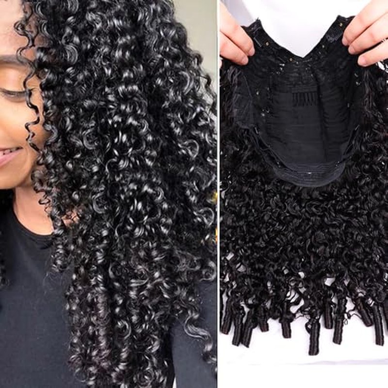V Part Wig Human Hair for Women Burmese Spiral Curly Glueless Clip-In Wig 200% Density No Leave Out No Gel No Lace V Shape Clip Beginner Ready to Go Wig Natural Black Color 16 Inch