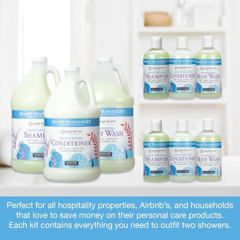 Ginger Lily Farms Botanicals Hospitality Kit, Island Tranquility, 9-Pc Set Includes Shampoo, Conditioner & Body Wash, 100% Vegan & Cruelty-Free, Green Tea Lemongrass Scent