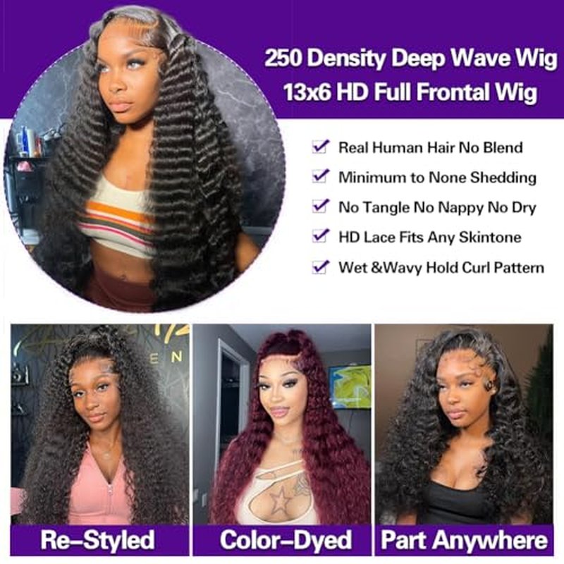13x6 Deep Wave Lace Front Wigs Human Hair 250 Density 18 Inch, Tangle Free, Shedding Free, Pre Plucked With Invisible Hairline, Full Volume Suitable For Daily Wear