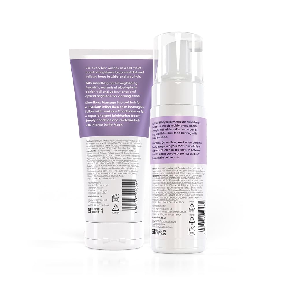 White Hot Brilliant Bounce Duo: Brilliant Shampoo 200ml and Infinity Mousse 150ml, counteracts yellow tones and promotes shine with each time you use.