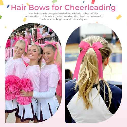 OAOLEER 16pcs Cheer Hair Bows for Cheerleader, College Style Long Tail Skinny Cheer Bow Elastic Hair Tie Bows for Teens Girls Softball Competition Sports Cheerleaders (Pink)
