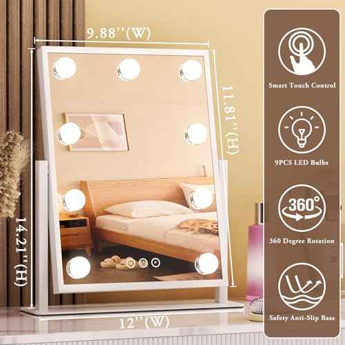 Vanity Mirror with Lights, Lighted Makeup Mirror Hollywood Makeup Mirror with 9 Dimmable Bulbs and 3 Color Lighting Modes, Smart Touch Control, 360¡ÆRotation
