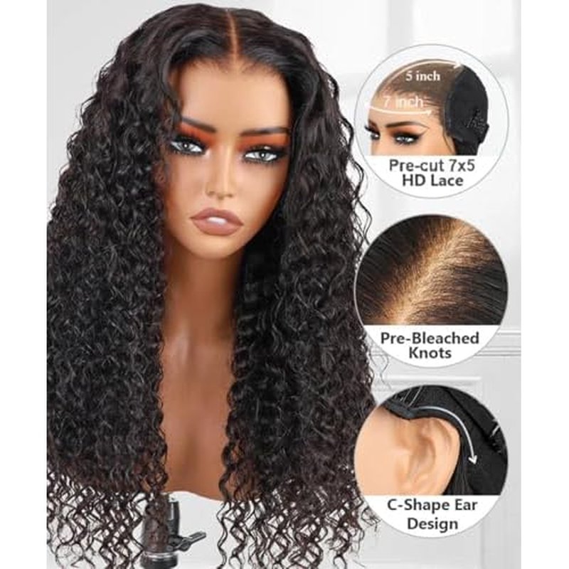 20 Inch Deep Wave Lace Front Glueless Wigs Human Hair Pre Plucked Pre Cut 7x5 HD Lace Closure Wear and Go Glueless Wig Wet and Wavy Lace Frontal Wigs for Women Bye Bye Knots 200% Density