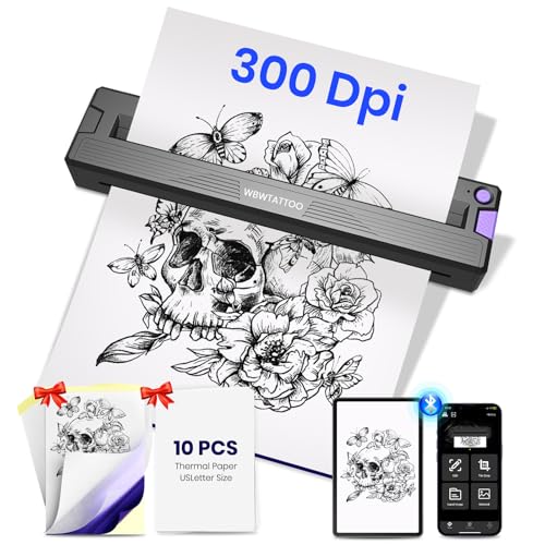300 DPI Tattoo Stencil Printer Machine,Portable Bluetooth Thermal Wireless Printer for Tattoo Artists&Beginners,with Transfer Paper and Thermal Paper,Compatible with Phone&PC