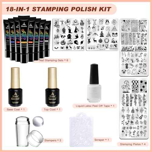 SEISSO 8 Colors Nail Stamping Polish Gels Nail Stamper Kit + 4pcs Nail Stamp Templates + 1 Peel Off Nail Tape Stamp Latex Bose Coat & Top Coat with Scraper Flower Holiday Art Design Gift DIY Manicure