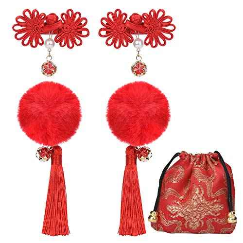 Chinese Style Hair Accessories Set, Fluffy Ball & Chinese Knot Hair Clips, Festive Red Tassel Set for Christmas, New Year's Day & Special Occasions - Red