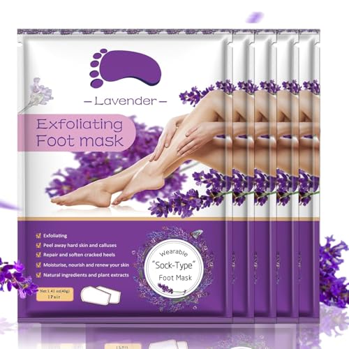 Foot Peeling Mask 5 Pack, Moisturizing Socks for Dry Foot Care, Hydrating Feet Peel Masks Repair Dry Cracked Heels, Remove Dead Skin,Callus - Women Men (Lavender)