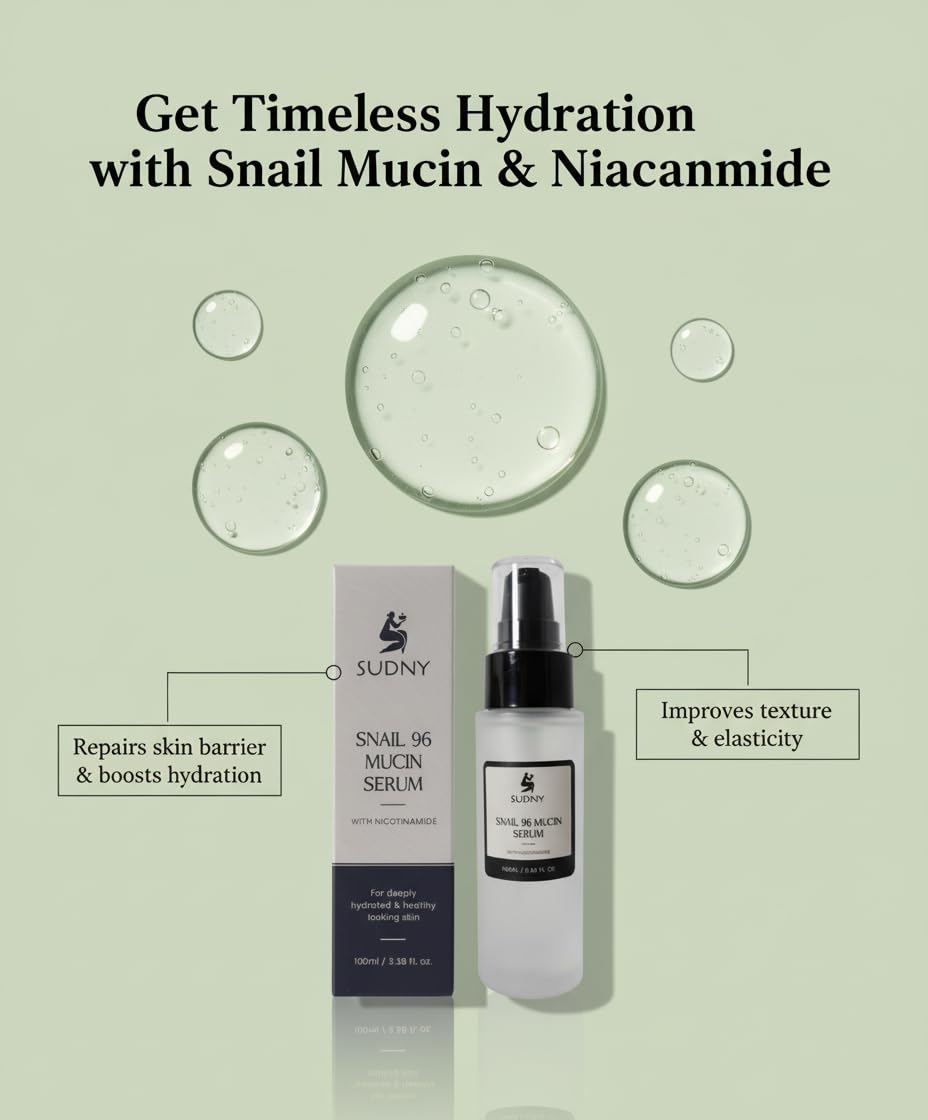 SUDNY Snail Mucin 96% Repairing Essence with Niacinamide, Aloe Vera & Glycerin - Snail Mucin Serum to Hydrate & Repair Dull Skin & Fine Lines- Gentle Skincare Serums with Snail Serum for Everyday Care