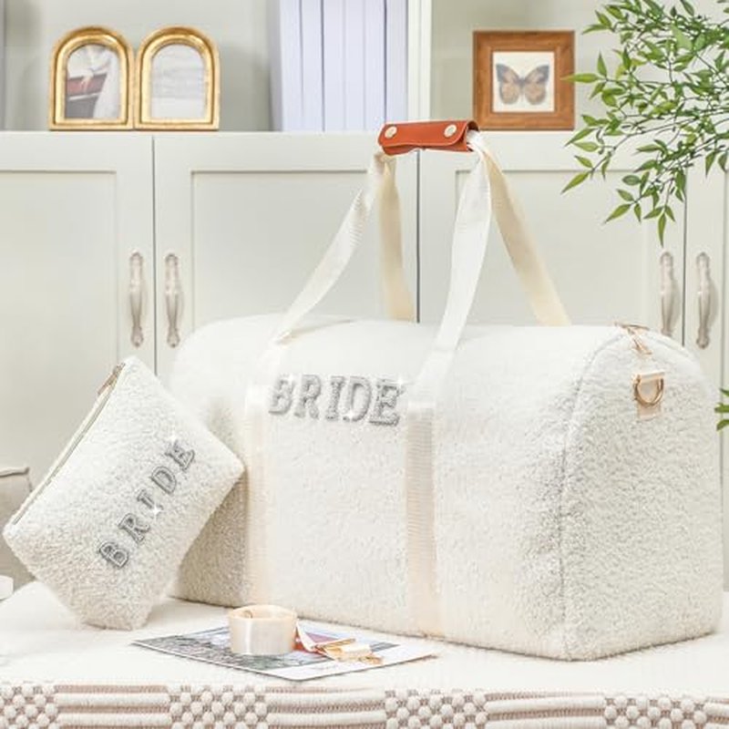 2 Pcs Bride Travel Bag Bridal Shower Gifts Wool Plush Bride Weekender Bag with Shoes Compartment Shoulder Pearl Rhinestone Patch Makeup Gift for Wedding Engagement Honeymoon