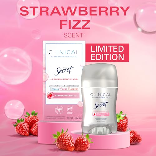 Secret Clinical Strength Antiperspirant Deodorant for Women, 3X Stress Protection, 72hr Sweat & Odor Protection, Pro-Hyaluronic Acid, Invisible Solid, Strawberry Summer Fizz Scent, 1.6 oz