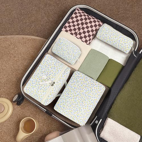 4Pcs Quilted Makeup Bag Set Cute Floral Cosmetic Bag Cotton Coquette Make up Bag Aesthetic Travel Toiletry Bag for Women Girls