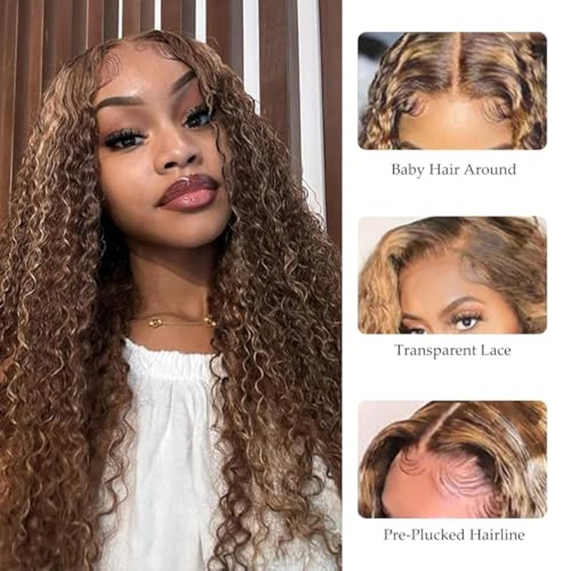 Honey Blonde 13x6 Curly Lace Front Wigs Human Hair Pre Plucked Curly Frontal Wig 28 inch 4/27 Highlight Ombre Jerry Curly HD Lace Front Wigs 180% Density Deep Wave Lace Front Wig for Women