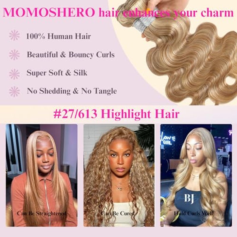 F27/613 Blonde Highlight Human Hair Bundles Body Wave, 13A Soft Honey Blonde Body Wave 3 Bundle Healthy 100% Virgin Hair #27/613 Highlight Mix Colored Wavy Weave for Women 3pcs 10 12 14 Inch