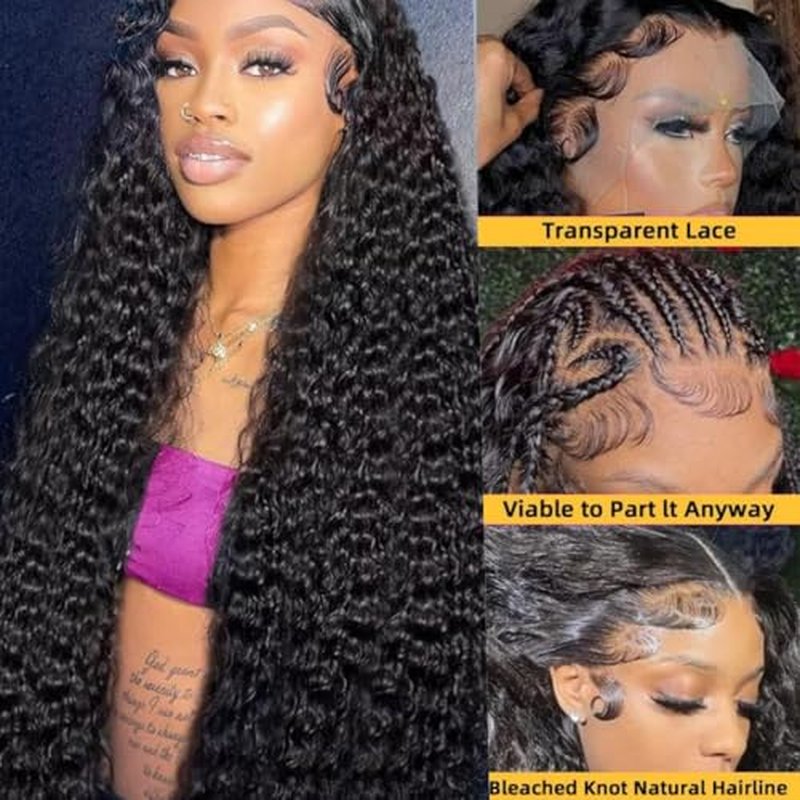 13x6 Deep Wave Lace Front Wigs Human Hair 220 Density HD Transparent Pre Plucked Deep Curly Frontal Wigs Human Hair for Women Natural Black 34 Inch