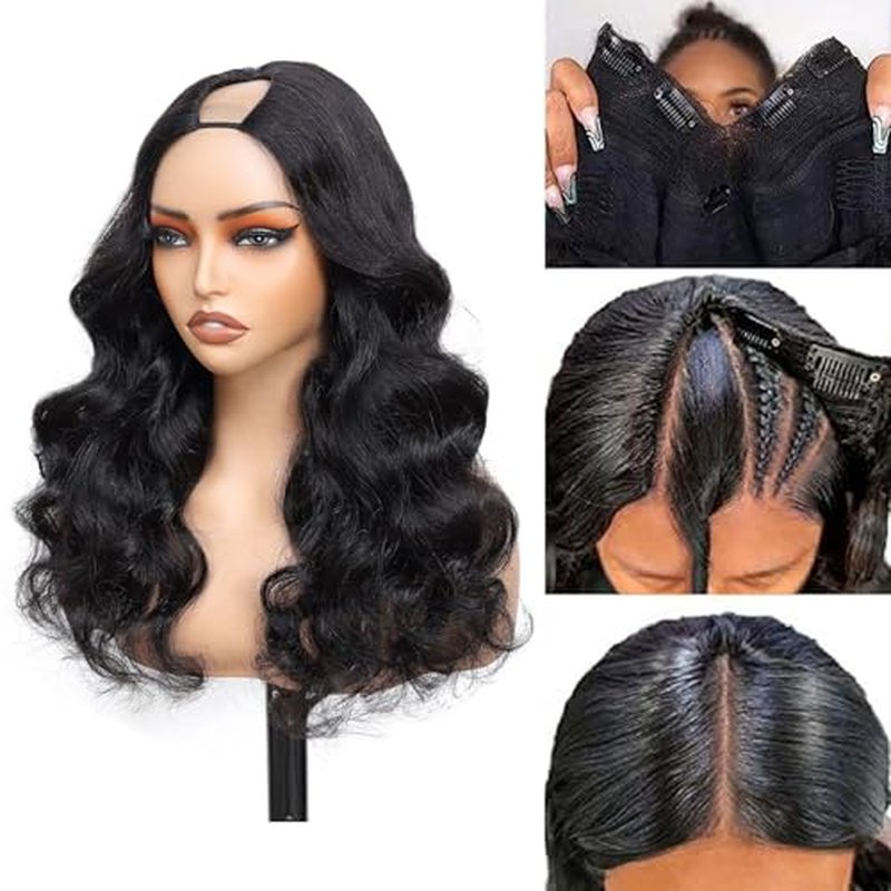 V Part Wig Human Hair Body Wave Upgrade U Part Human Hair Wig With Adjustable Drawstring 200% Density V Shape Clip In Half Wig For Women Natural Color 18 Inch