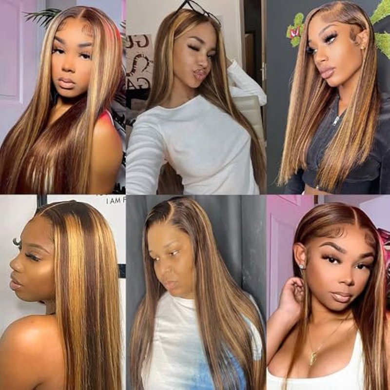 T1BP4/27 Human Hair Straight Bundles 26 28 30 inch Double Weft Brazilian Hair Extensions Ombre 3 Tone Dark Brown and Color 27 Honey Blonde Bundles for Women