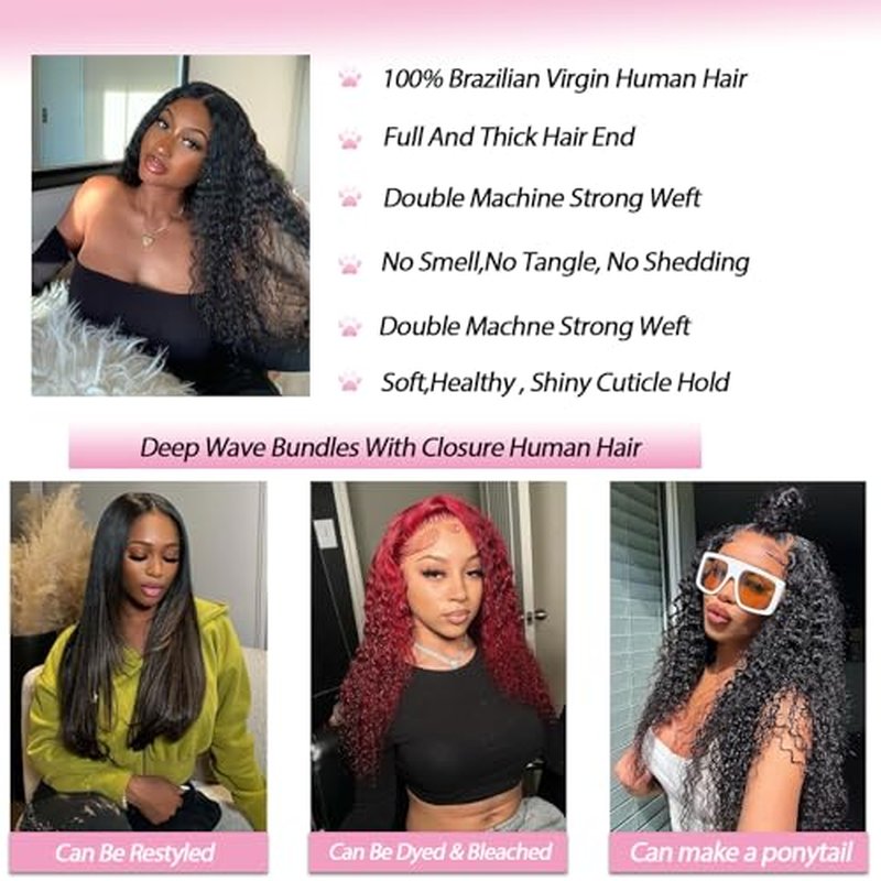 Deep Wave Human Hair Bundles with Closure Unprocessed Brazilian Deep Curly Human Hair Bundles with 4x4 Lace Closure Free Part 16 18 20 with16 Inch Natural Color