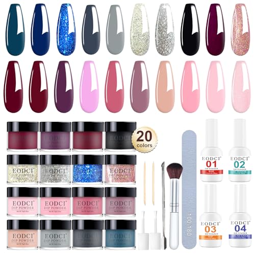 31 Pcs Dip Powder Nail Kit, 20 Colors Glitter Nude Pink Blue Gray Dip Powder Liquid Set with Top/Base Coat Activator for French Nails Art Manicure DIY Salon, No Needed Nail Lamp Curing