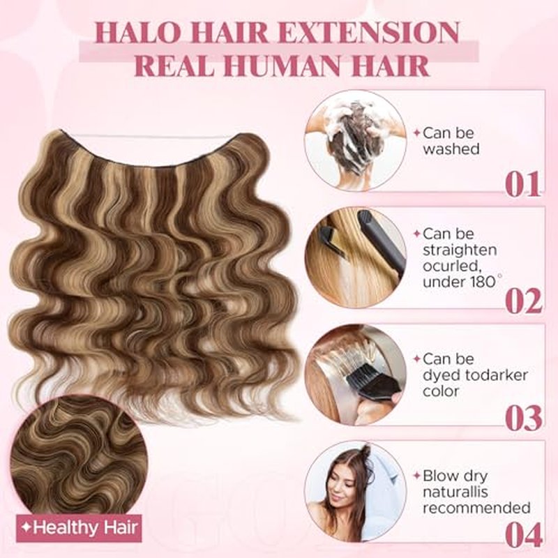 Halo Hair Extensions for Women Human Hair with Invisible Transparent Wire Adjustable Size 2 Secure Clips Long Wavy Secret Hairpiece 18 Inch 4RP27R Medium Brown Mixed Dark Blonde