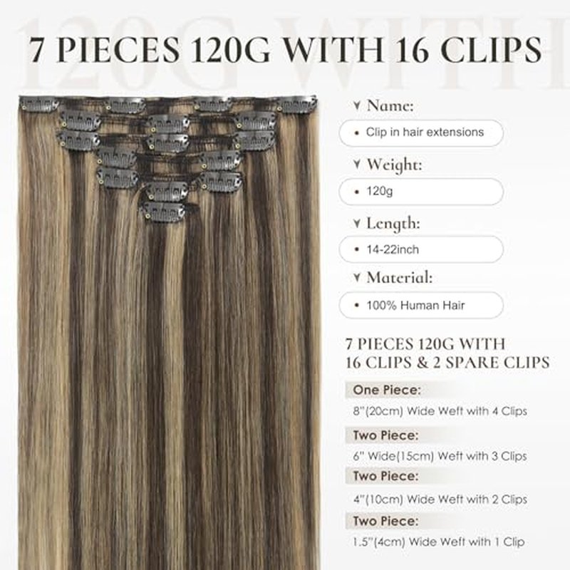 Human Hair Extensions Clip in 18 inch 120g 7PCS Straight Natural Clip ins Real Remy 100% Human Hair Extensions Chocolate Brown To Caramel Blonde Double Weft Thick Layered Clip on Hair