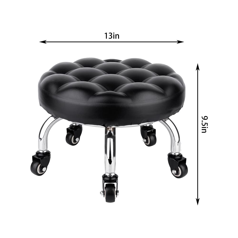OBMMIRAO Pedicure Stool Low Roller Seat,Swivel stools Round Stool with Wheels, Black Low Chair with Wheels,PU Leather (Black StyleB)