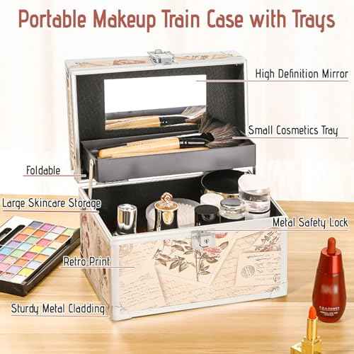 VNIMTI Makeup Train Case, Portable Makeup Box with Mirror, Cosmetic Storage Box for Women with Trays, Makeup Box Organizer for Vanity, Travel, Lockable& Large Capacity (Philatelic Style)