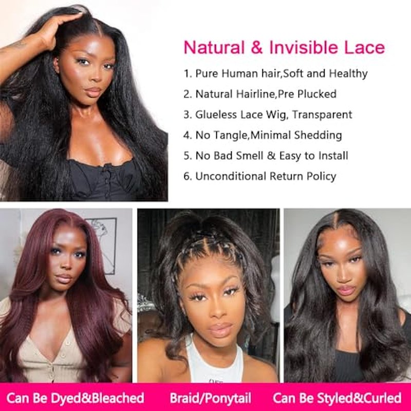 GOLFMAX 22 Inch Yaki Straight Lace Front Wigs Human Hair Wigs 13x4 Transparent Lace Front Human Hair Wig Pre Plucked Kinky Straight Human Hair Lace Frontal Wigs