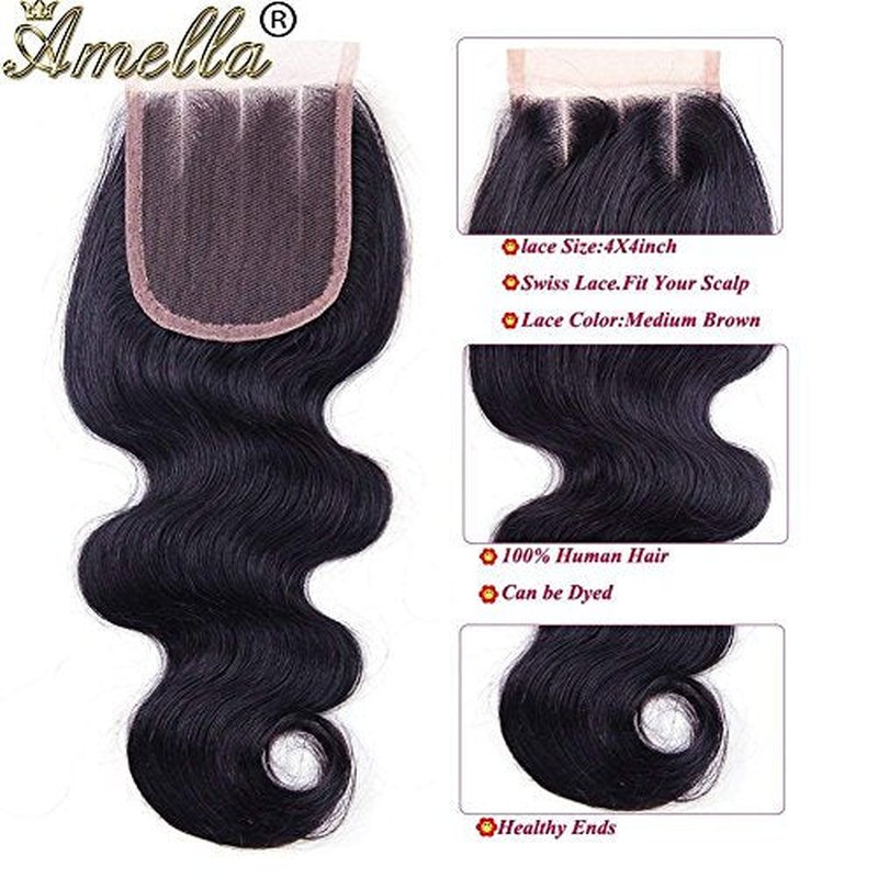 Amella Hair 100% Unprocessed Brazilian Virgin Body Wave Hair 3 Bundles With Closure (16 18 20+14 Three part)8A Brazilian Body Wave Human Hair Extensions With 4x4 Swiss Lace Closure