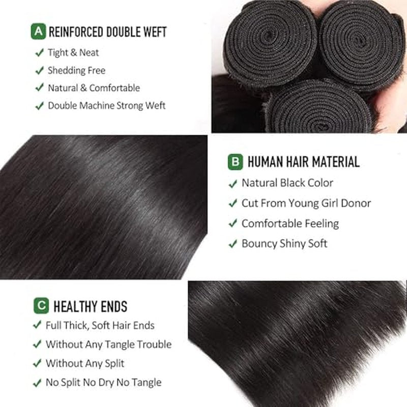 Human Hair Bundles with Closure Straight Bundles 20 22 24+18 Inch 10A HD Lace Closure Human Hair 100% Brazilian Virgin Hair Extensions 3 Bundles Deals Hair Quick Weave Bundle for Women