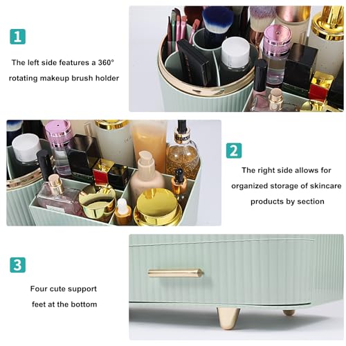 Makeup Organizer Countertop with Drawer 360 Rotating Brush Holder Storage Large Capacity Skincare Cosmetic Display Cases for Vanity Bathroom Desktop, Model 3016 Green