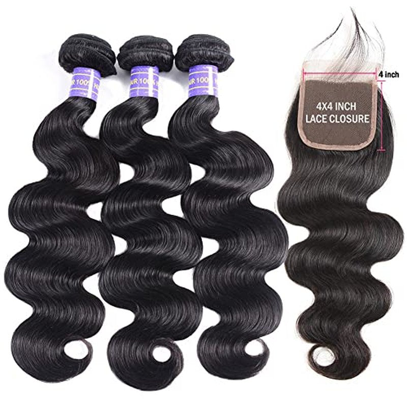Aopusi Human Hair Bundles with Closure (16 18 20+14£¬Free Part)100% Brazilian Human Hair Body Wave Bundles with Lace Closure Virgin Hair Body Wave Hair Weave for Black Women