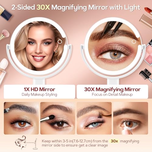B Beauty Planet Makeup Mirror with Lights, Lighted Magnifying Mirror 30X with 3 Lighting and Adjustable Brightness, 2-Sided Height Adjustable Vanity Mirror for Bathroom, Gifts for Women White