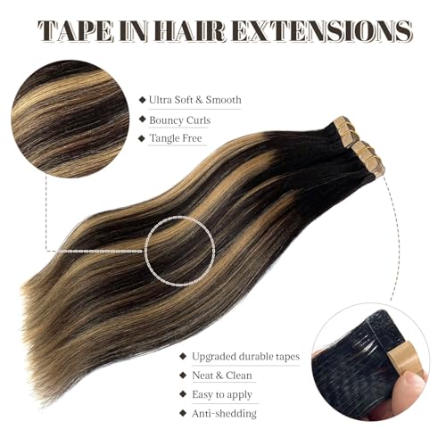 Tape in Hair Extensions Human Hair Yaki Straight Natural Black Hair Extensions Balayage Caramel Blonde Highlights Real Remyh Human Hair 22 Inch 50g/pack 20pcs Tape Hair Extensions for Black Women