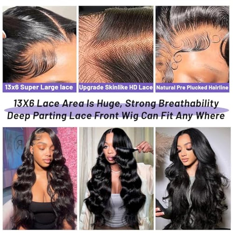 13x6 Lace Front Wigs Human Hair Body Wave 26 Inch HD Lace Frontal Wigs Human Hair Body Wave Human Hair Wig for Women 210% Density Pre Plucked with Baby Hair Natural Black