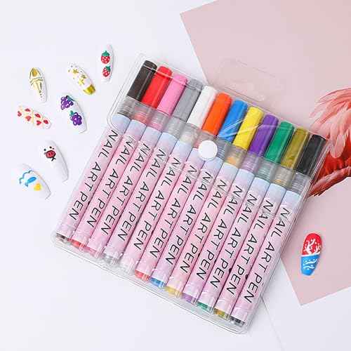 12 color Nail Art Pens, 0.5MM Fine Tip Nail Doodle Pens, Nail Art Markers Set, Upgraded Quick Dry Nail Polish Pens Kit for Painting dotting Liner Nails Design machin Tool Kit