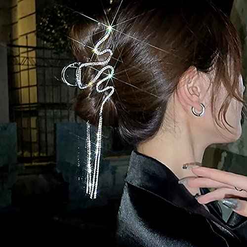 Bedazzled Sparkle Claw Clip Dangling Chain Diamond Hair Clips Fancy Silver Claw Clip Prom Snake Accessories for Women Fairy Hair Clip (SILVER)
