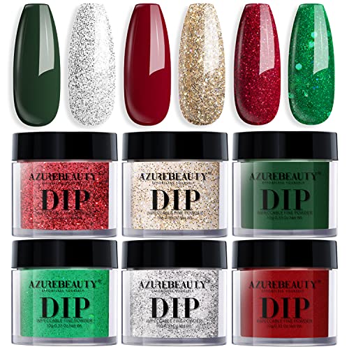 AZUREBEAUTY Dip Powder Nail Set, 6 Colors Glitter Red Green Silver Gold Nail Dipping Powder Starter Kit French Nail Art Sparkle Stunning Manicure Salon DIY No Need Nail Lamp Cured