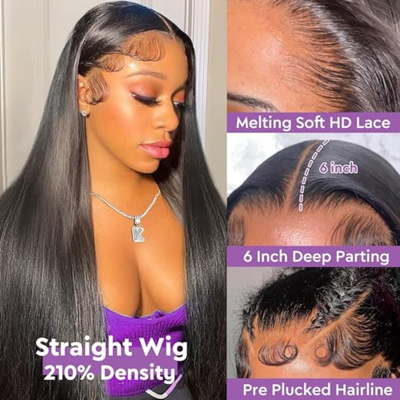 24Inch Straight HD Lace Front Wigs Human Hair Pre Plucked 210 Density 13x6 Glueless Bone Straight Human Hair Wigs For Black Women Transparent Lace Frontal Wig With Baby Hair