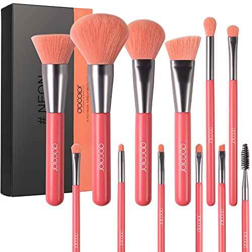 Docolor Makeup Brushes 10Pcs Makeup Brush Set Premium Synthetic Powder Foundation Contour Blush Concealer Eye Shadow Blending Liner Make Up Brush Kit - Neon Peach