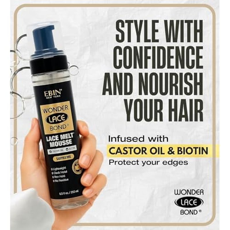 EBIN NEW YORK Wonder Lace Bond Melt Mousse 8.5oz/250ml- Extreme Firm Hold (Supreme) | Biotin + Castor Oil | No Residue, Long Lasting Formula with Protecting Edges, Gives Undetectable and Natural Look